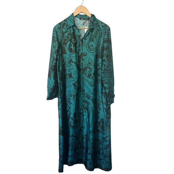 Zara Blue Green Silky Paisley Long Sleeve Oversized Maxi Dress Small NWT - Picture 1 of 4